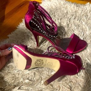 Beautiful satin shoes with jeweled ankle straps.